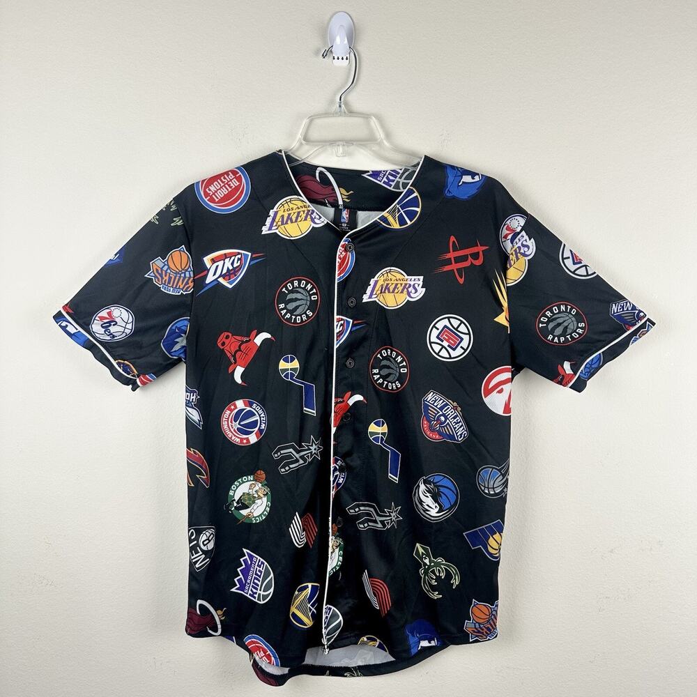 NBA Basketball Team Logo Jersey Black Shirt Button Up Short Sleeve Men's Size L
